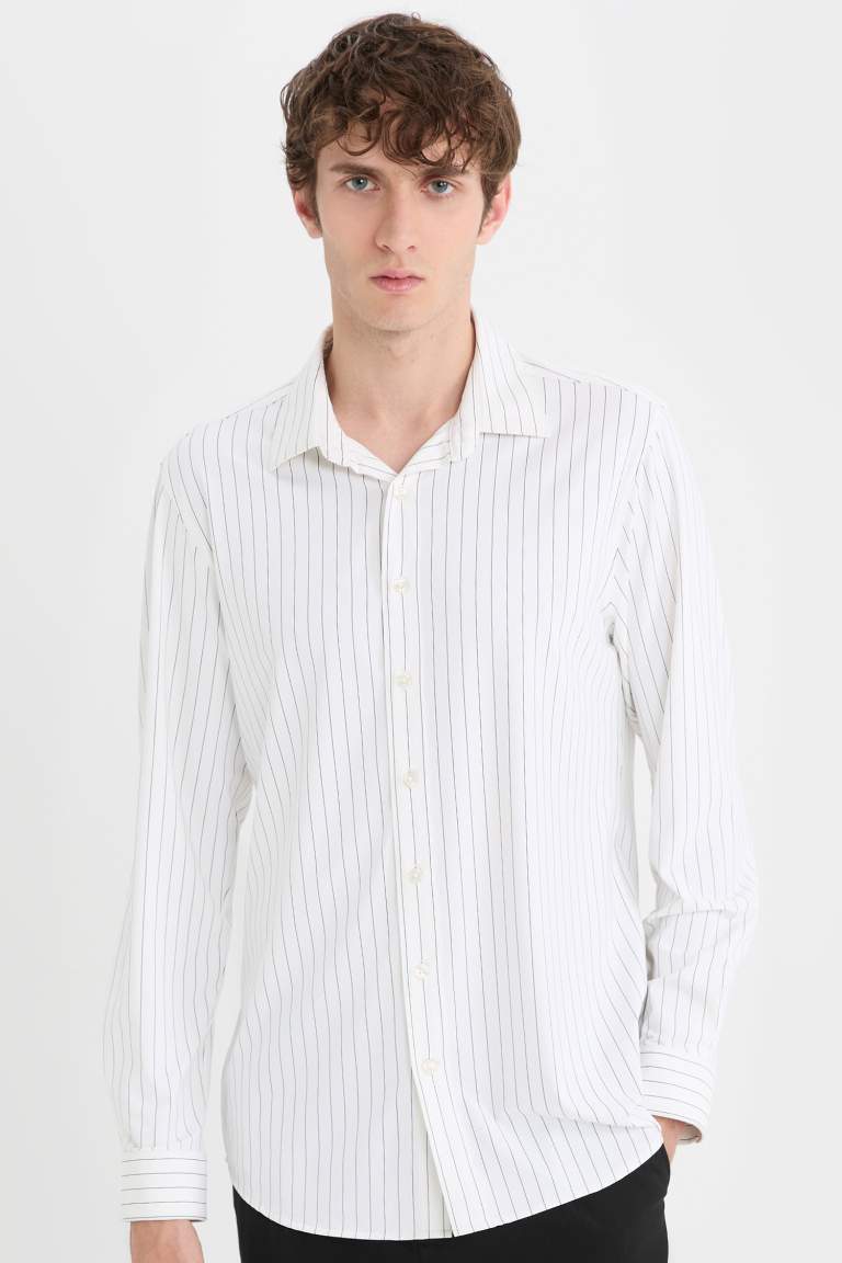 Slim Fit Polo Collar Striped Long Sleeve Shirt