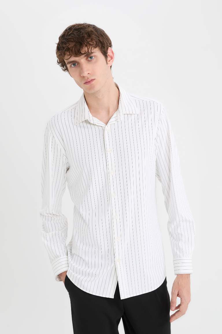 Slim Fit Polo Collar Striped Long Sleeve Shirt