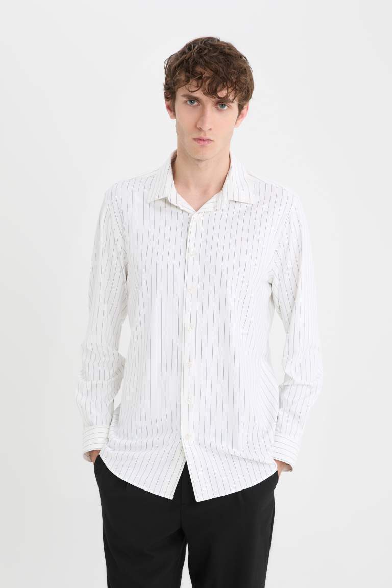 Slim Fit Polo Collar Striped Long Sleeve Shirt