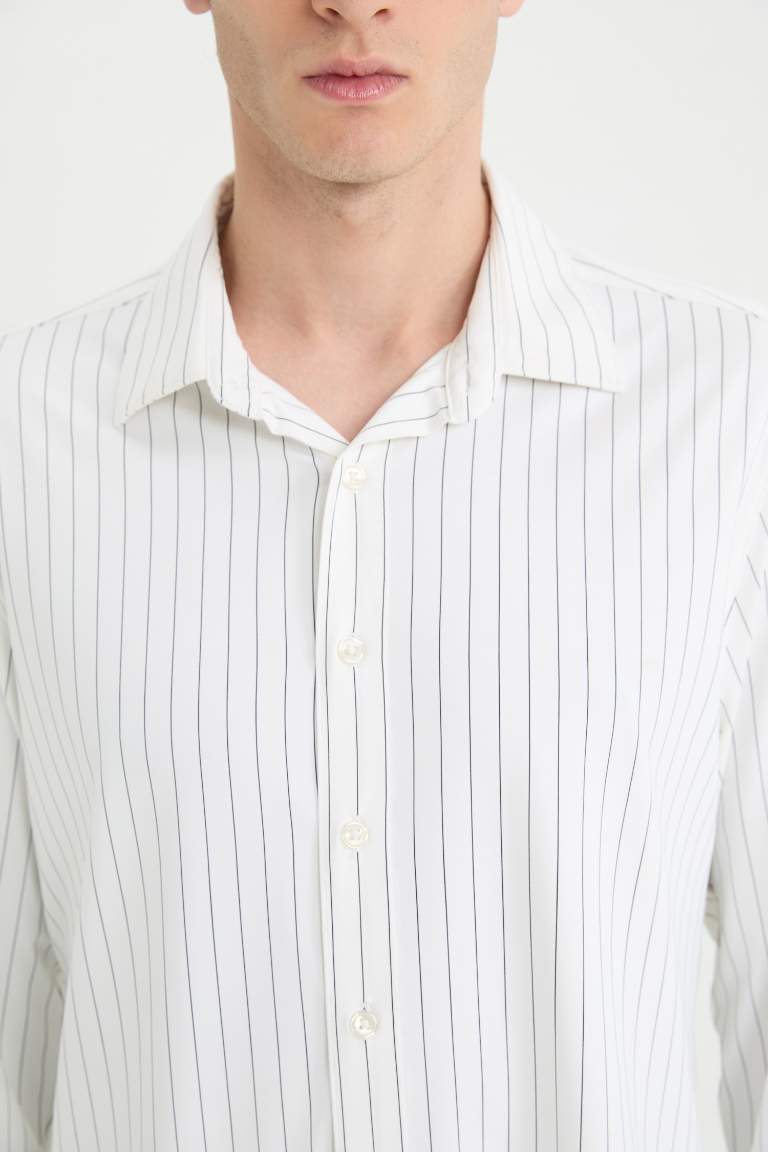 Slim Fit Polo Collar Striped Long Sleeve Shirt