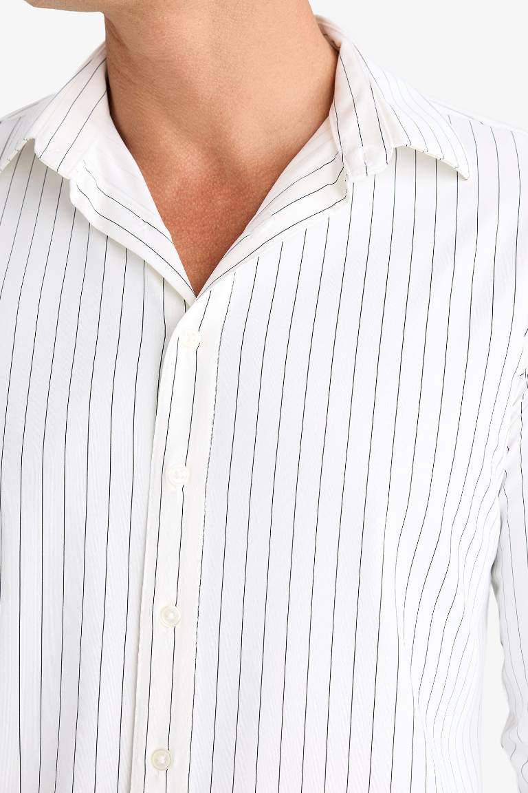 Slim Fit Polo Collar Striped Long Sleeve Shirt