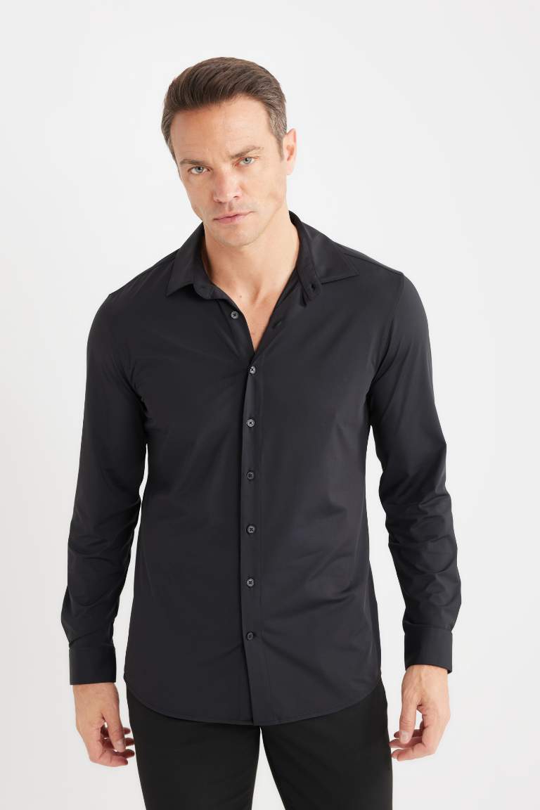 Slim Fit Polo Collar Long Sleeve Shirt