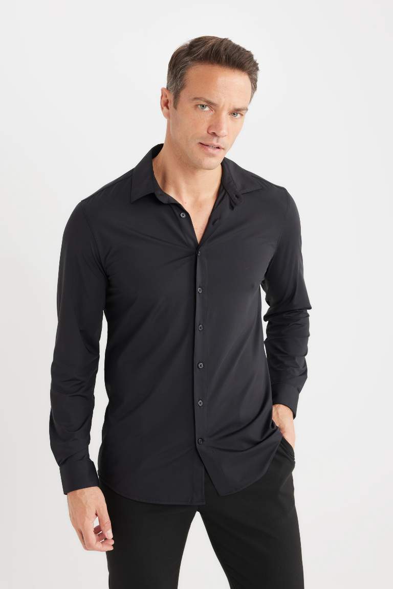 Slim Fit Polo Collar Long Sleeve Shirt