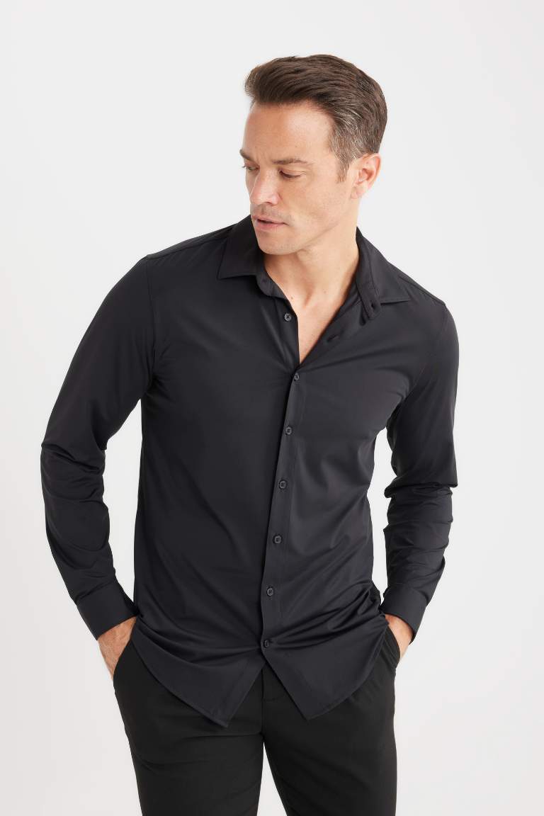 Slim Fit Polo Collar Long Sleeve Shirt