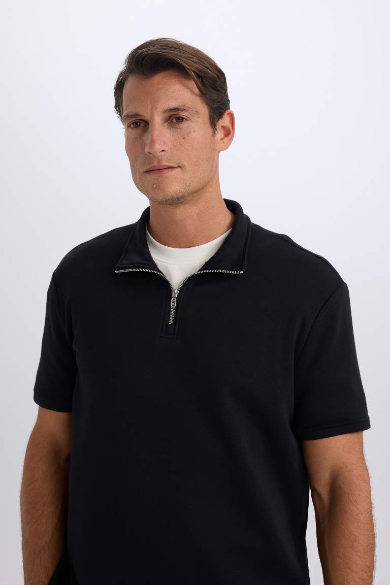 Regular Fit Stand Collar Short Sleeve Heavy Fabric T-Shirt