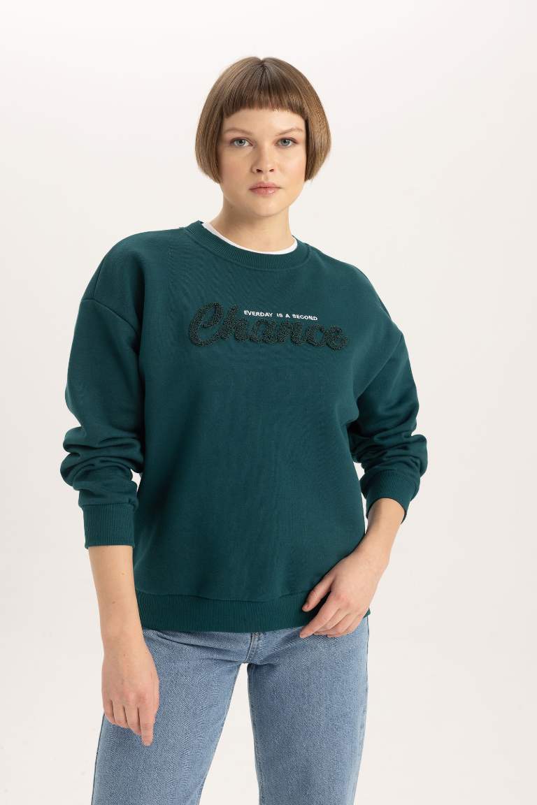 Relax Fit Bisiklet Yaka Baskılı Kalın Sweatshirt