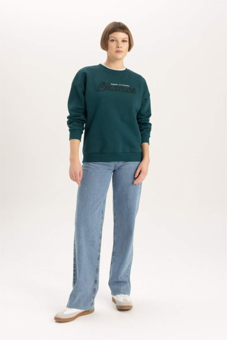 Relax Fit Bisiklet Yaka Baskılı Kalın Sweatshirt