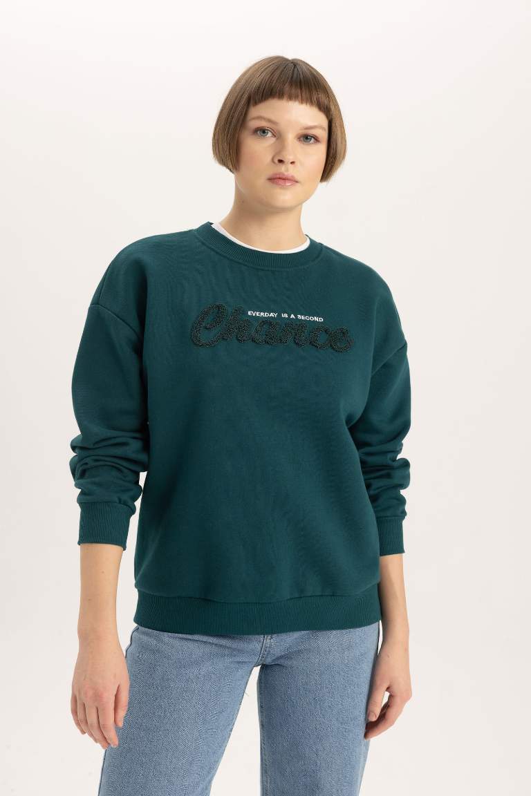 Relax Fit Bisiklet Yaka Baskılı Kalın Sweatshirt