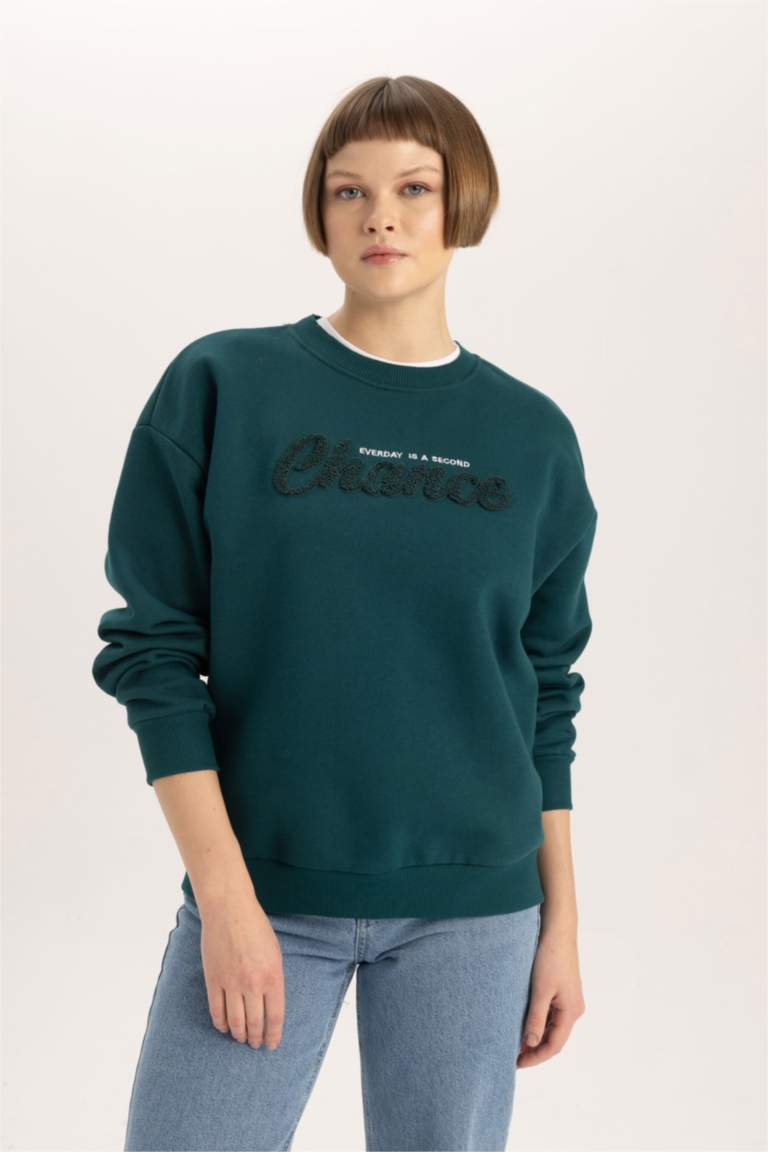Relax Fit Bisiklet Yaka Baskılı Kalın Sweatshirt
