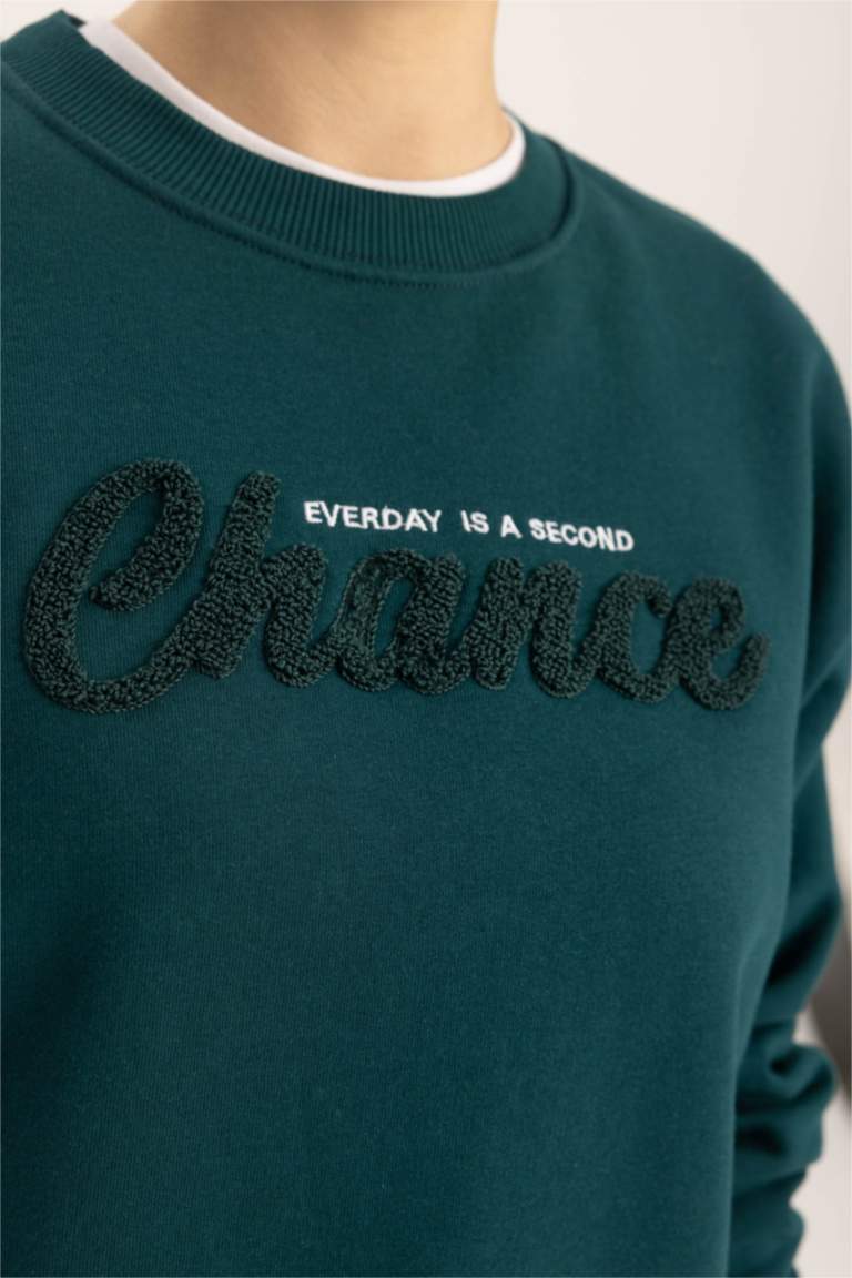 Relax Fit Bisiklet Yaka Baskılı Kalın Sweatshirt