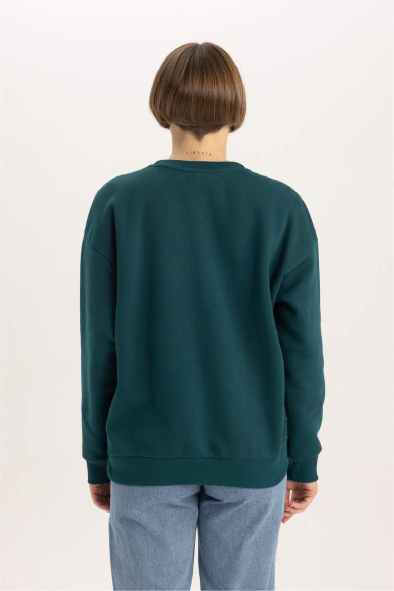 Relax Fit Bisiklet Yaka Baskılı Kalın Sweatshirt