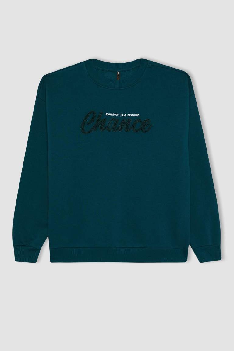 Relax Fit Bisiklet Yaka Baskılı Kalın Sweatshirt