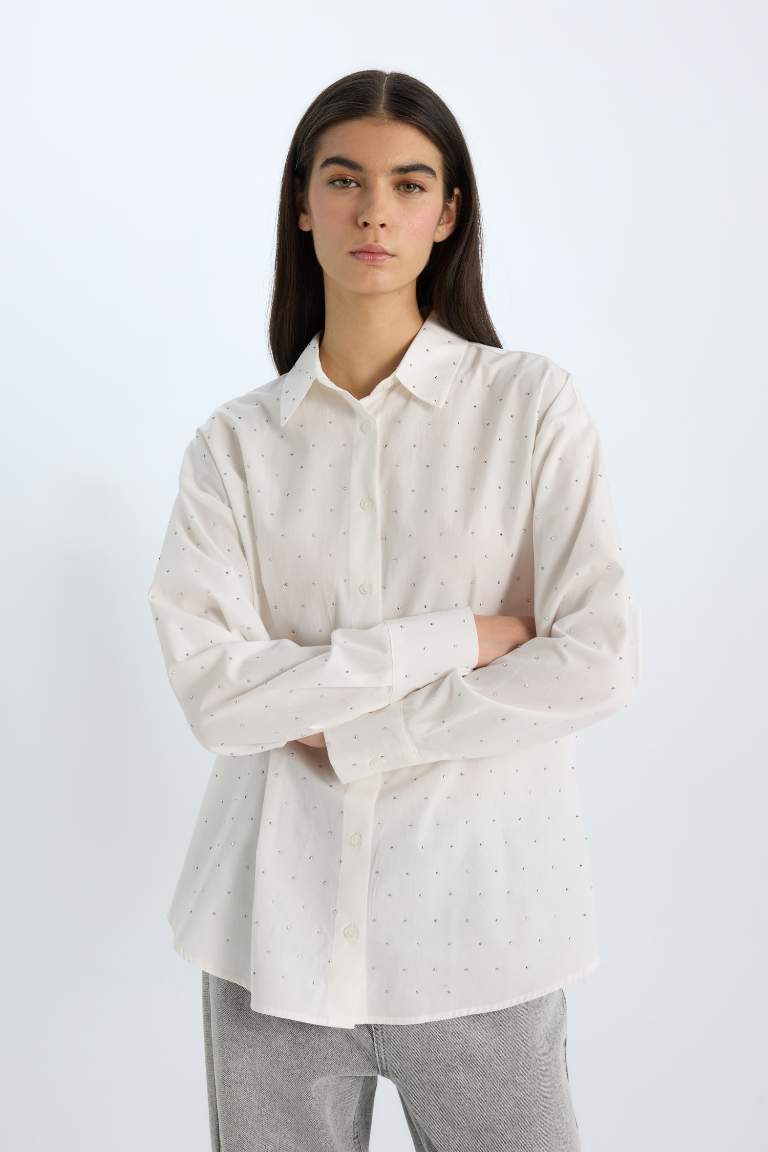 Chemise de Noël Oversize à Manches Longues en Popeline