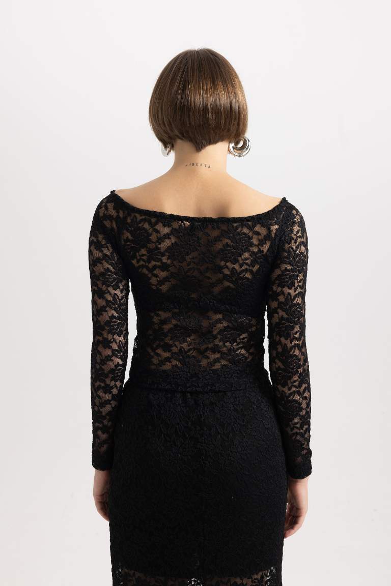 Slim Fit Off Shoulder Lace Long Sleeve T-Shirt