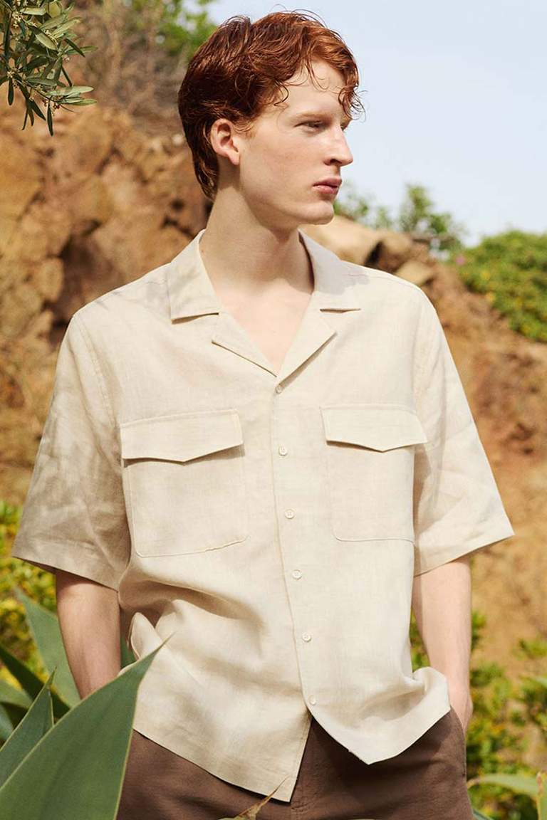 Relax Fit Polo Collar Linen Short Sleeve Shirt