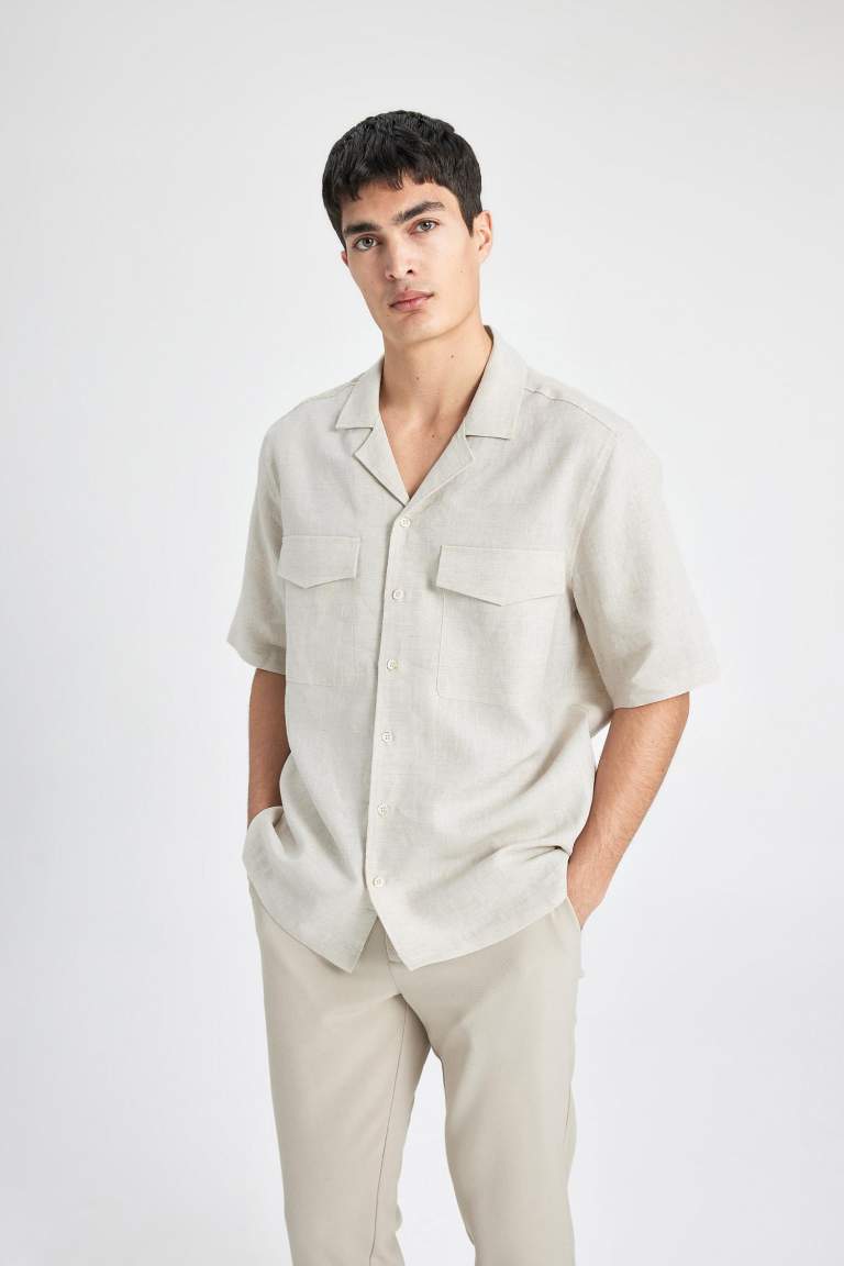 Relax Fit Polo Collar Linen Short Sleeve Shirt