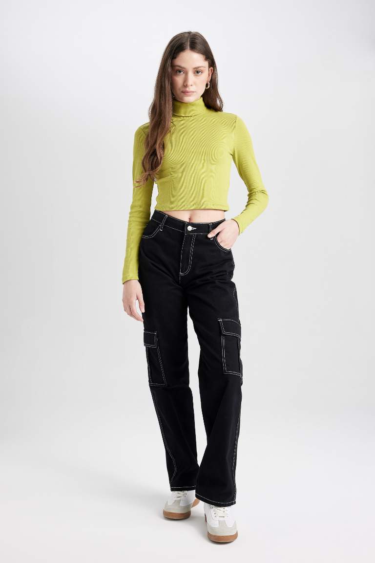 Fitted Turtleneck Corduroy Camisole Basic Long Sleeve T-Shirt