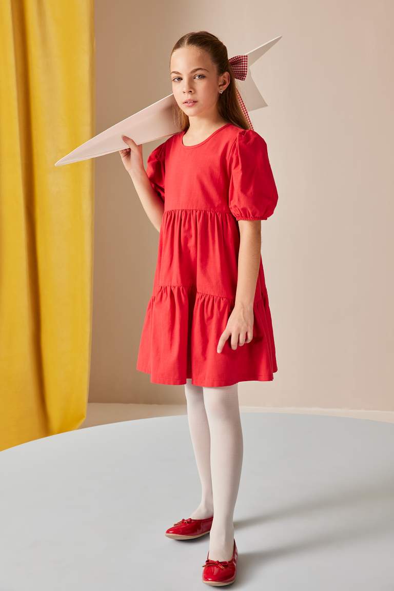 Girl Crew Neck Cotton Short Sleeve Red Dress