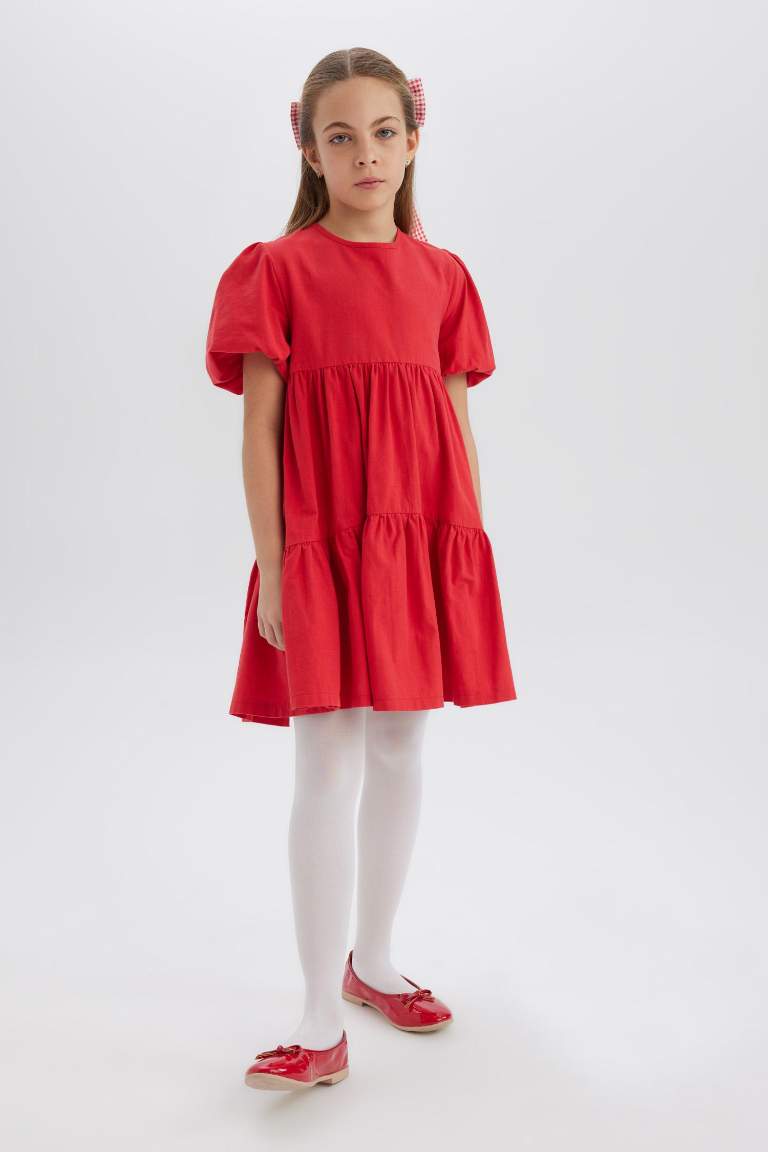 Girl Crew Neck Cotton Short Sleeve Red Dress