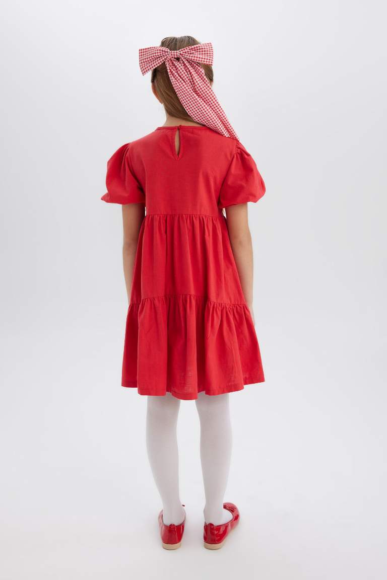 Girl Crew Neck Cotton Short Sleeve Red Dress