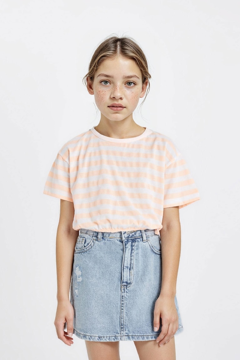 Girl Crew Neck Striped Short Sleeve T-Shirt
