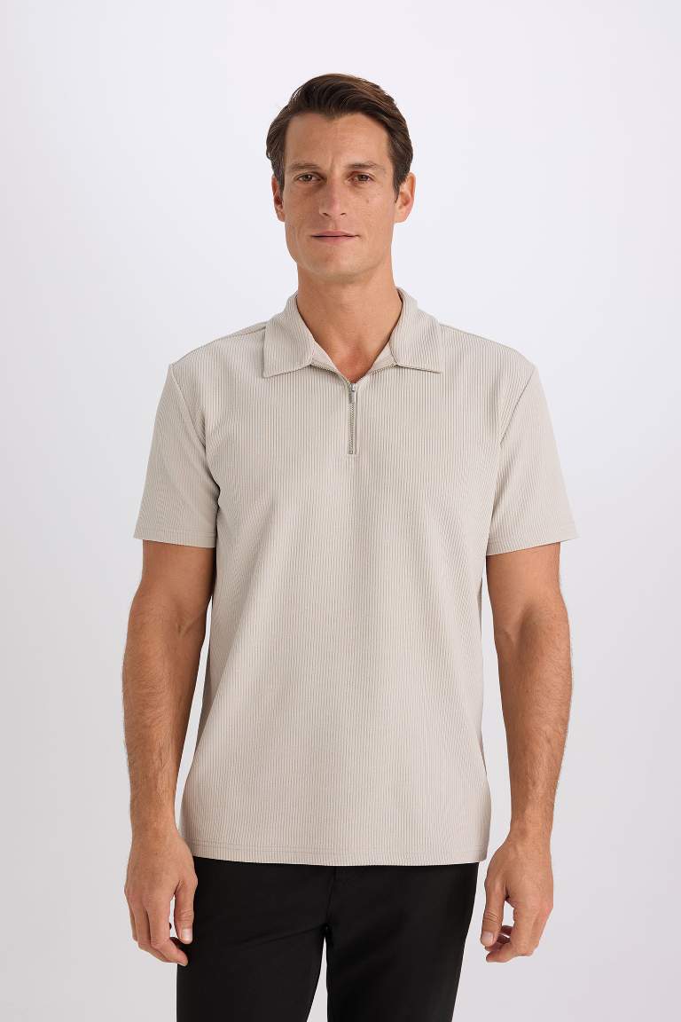 Regular Fit Half Zippered Pleated Polo T-Shirt