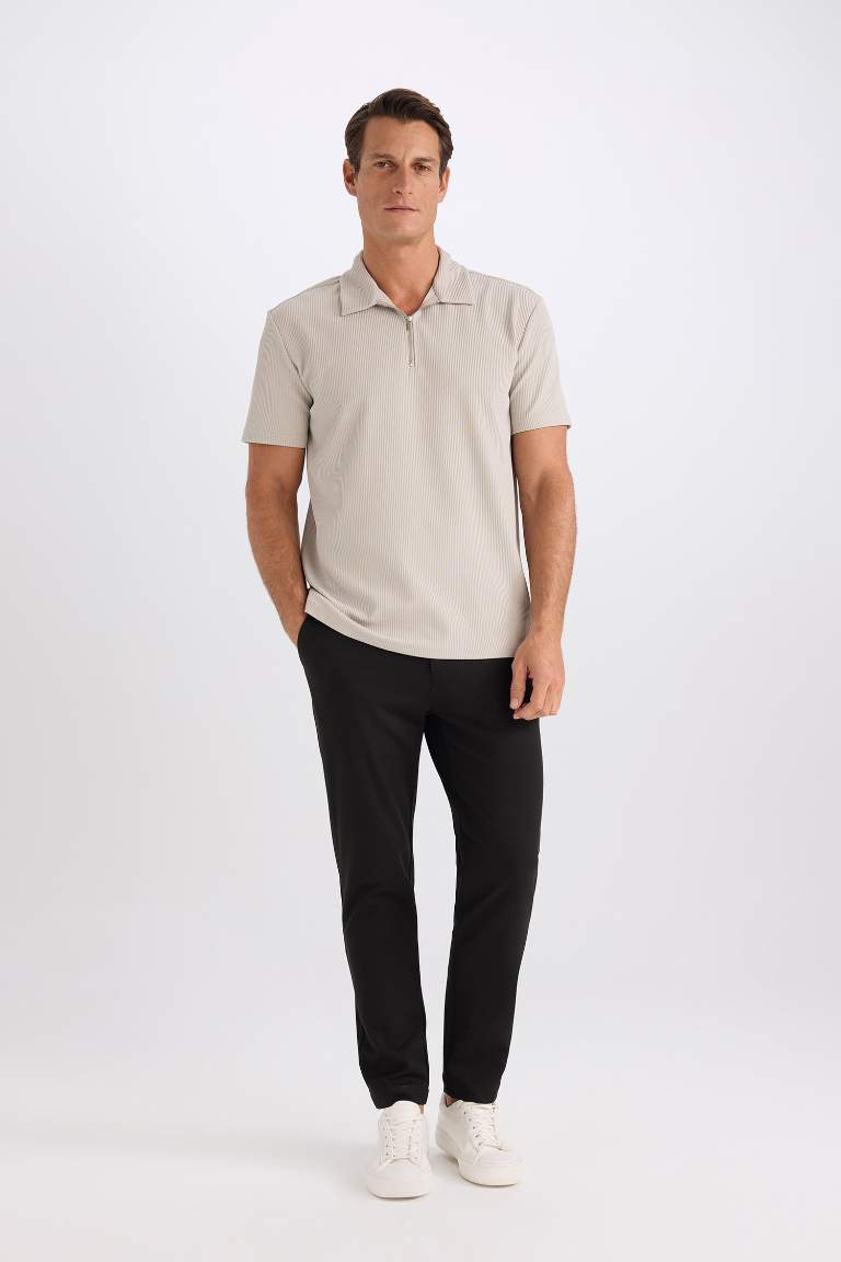 Regular Fit Half Zippered Pleated Polo T-Shirt