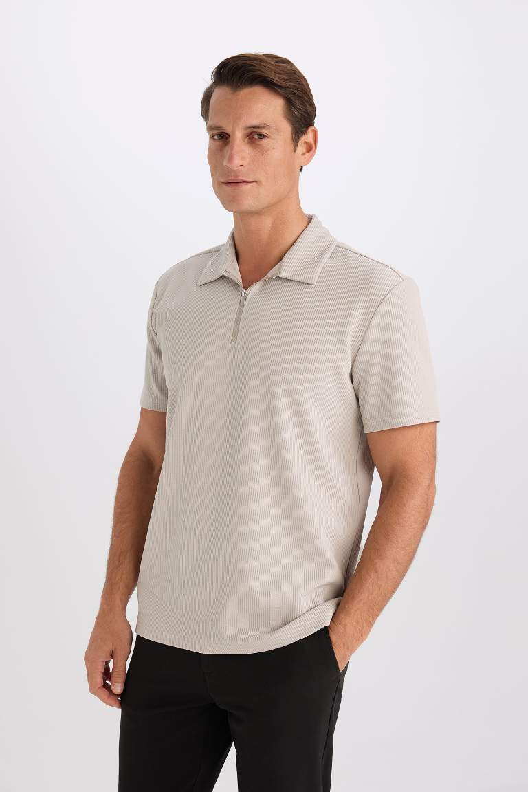 Regular Fit Half Zippered Pleated Polo T-Shirt