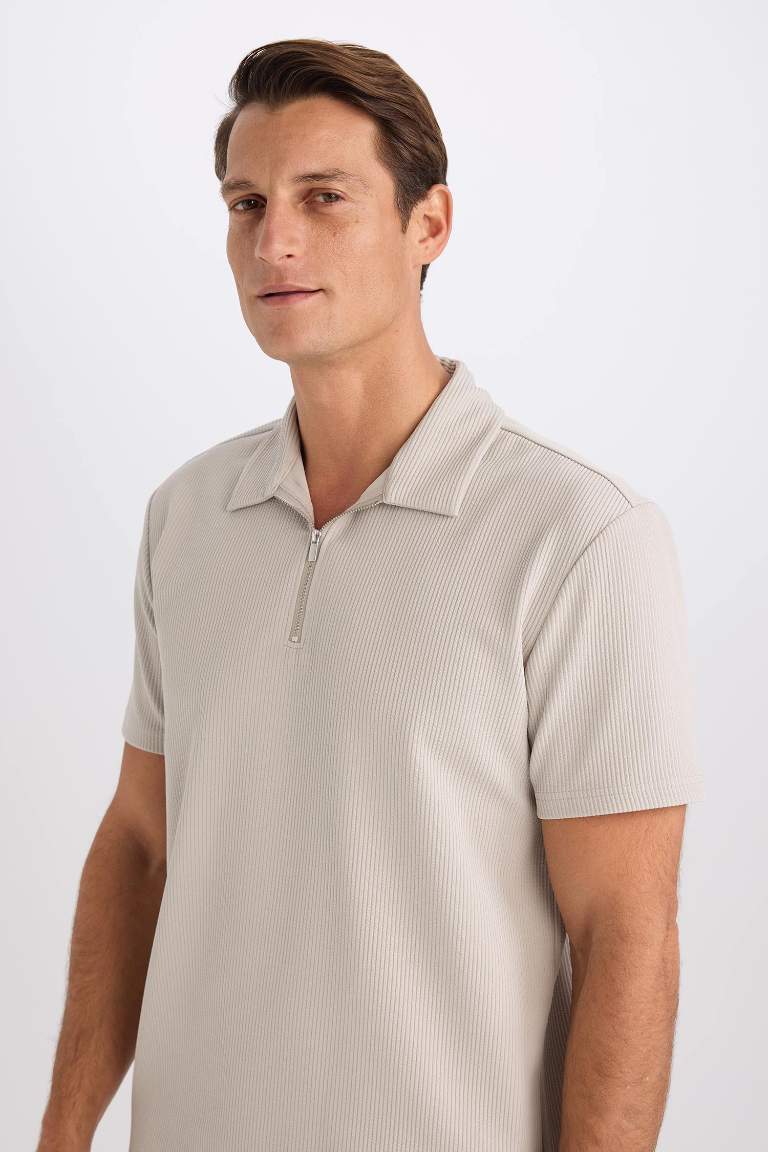 Regular Fit Half Zippered Pleated Polo T-Shirt