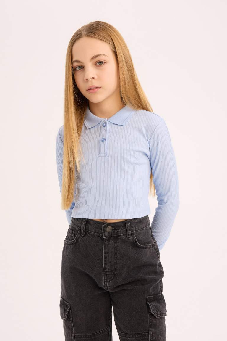 Girl Slim Fit Ribbed Long Sleeve Polo T-Shirt