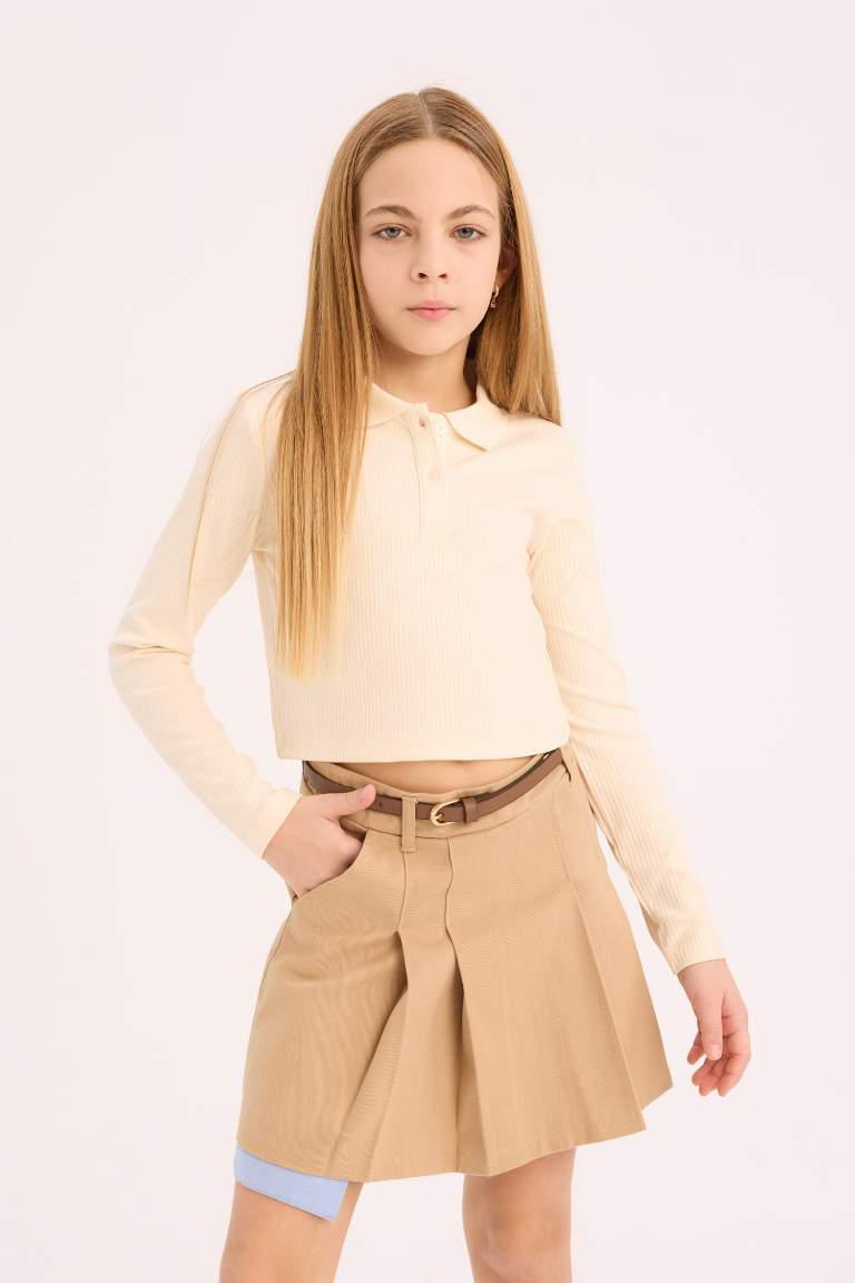 T-shirt Polo slim en maille côtelée à manches longues pour fille