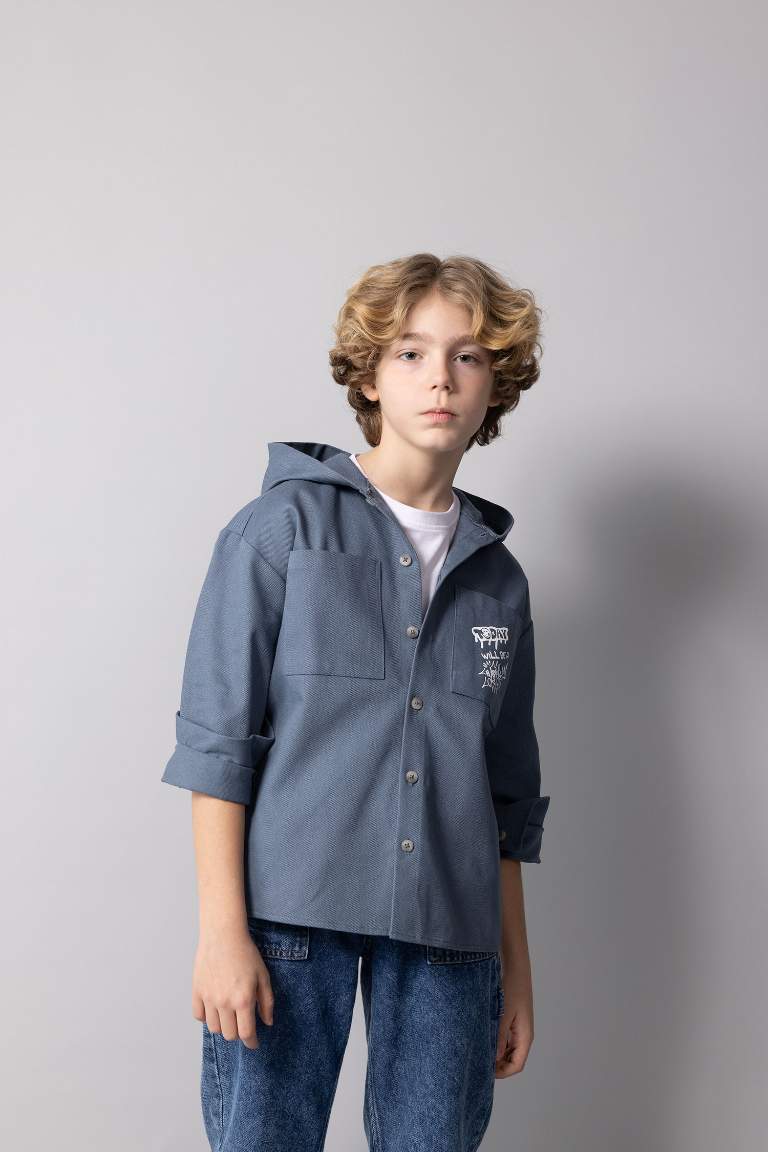 Boy Hooded Gabardine Long Sleeve Shirt