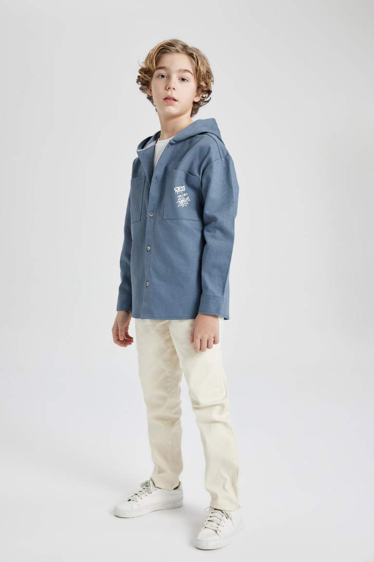 Boy Hooded Gabardine Long Sleeve Shirt