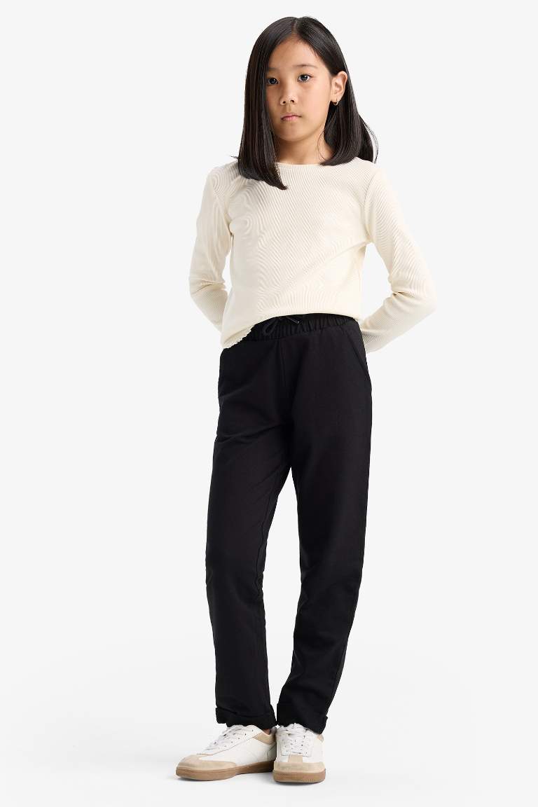 Kız Çocuk Okula Dönüş Slim Fit Dar Kesim Bisiklet Yaka Ribana Uzun Kollu Basic Düz Tişört