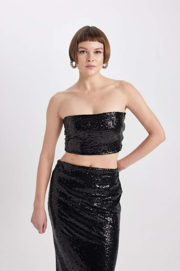 Slim Fit Strapless Sequined Fabric Crop Top