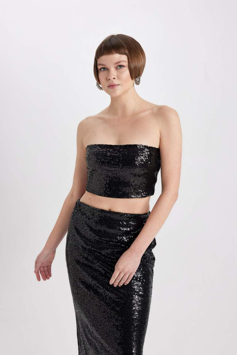 Slim Fit Strapless Sequined Fabric Crop Top