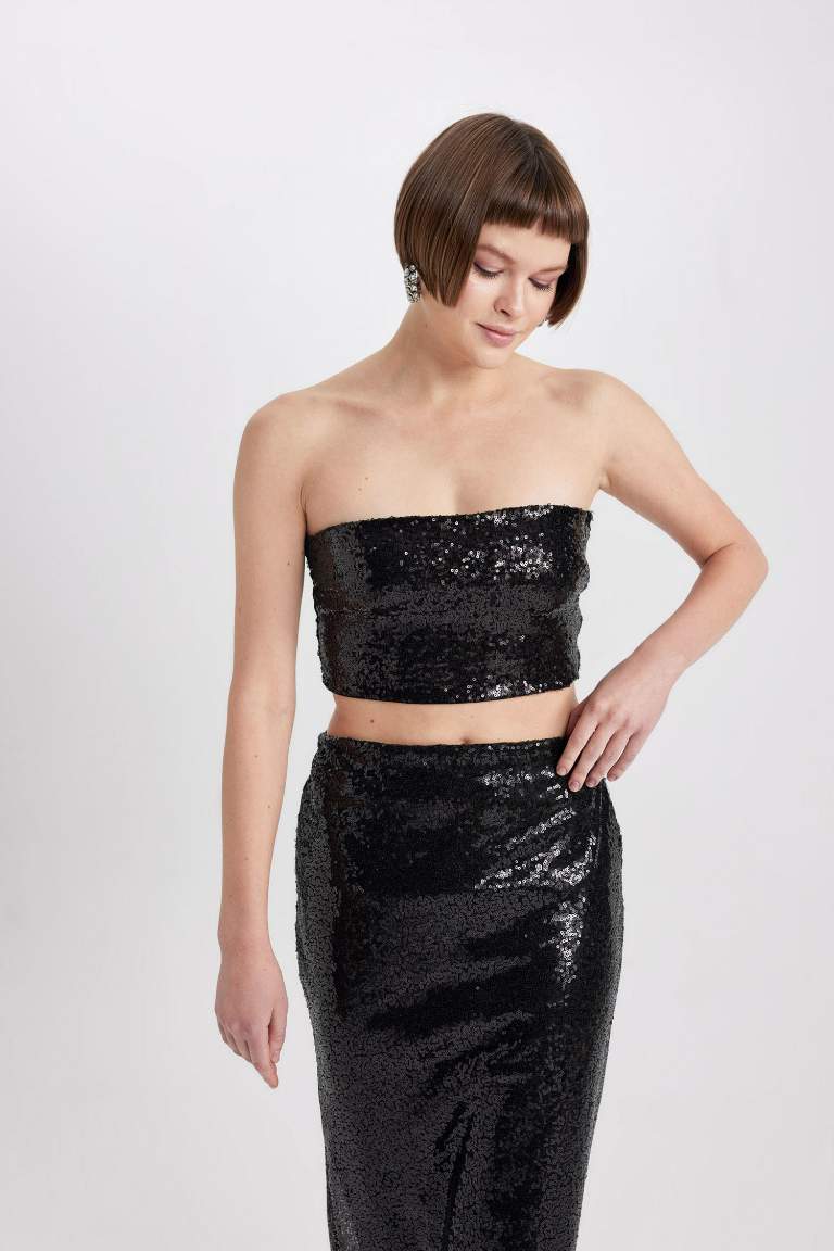 Slim Fit Strapless Sequined Fabric Crop Top