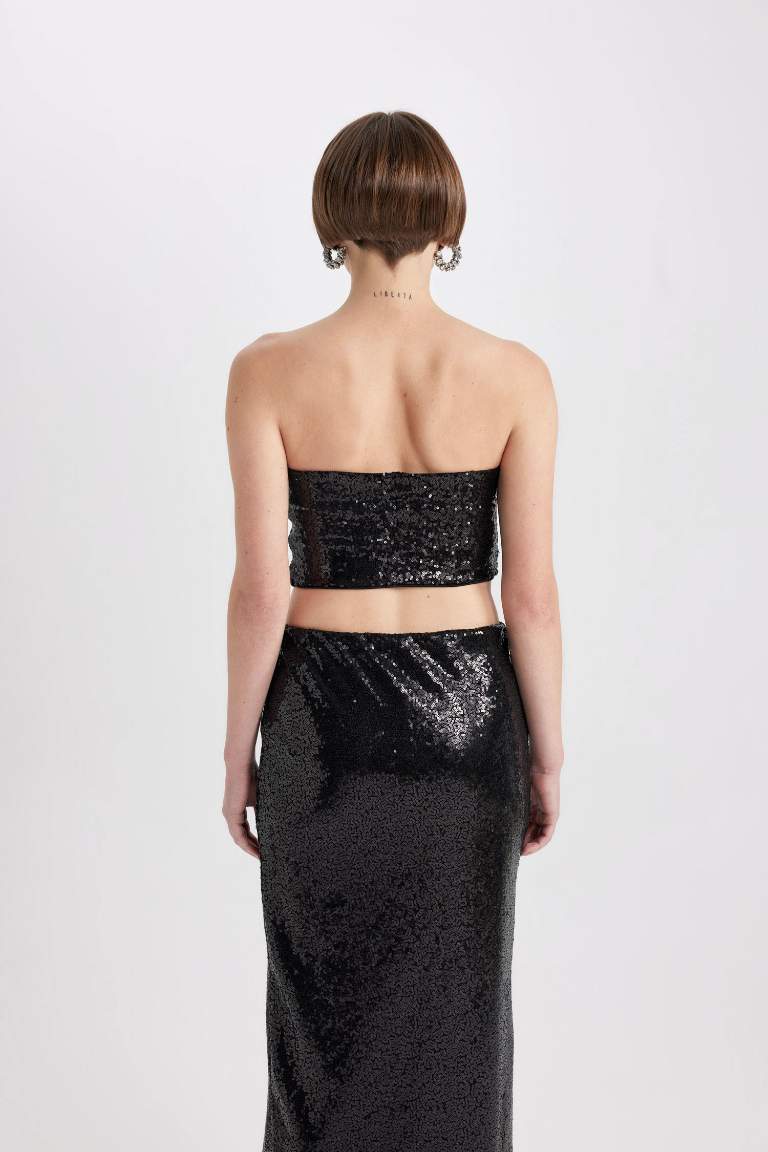 Slim Fit Strapless Sequined Fabric Crop Top