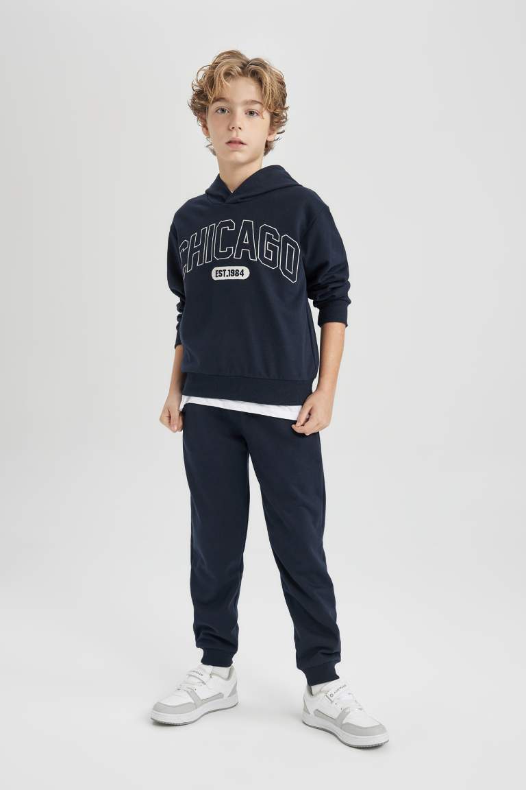 Erkek Çocuk 2'li Takım Kapüşonlu Baskılı Sweatshirt Beli Lastikli Eşofman Altı