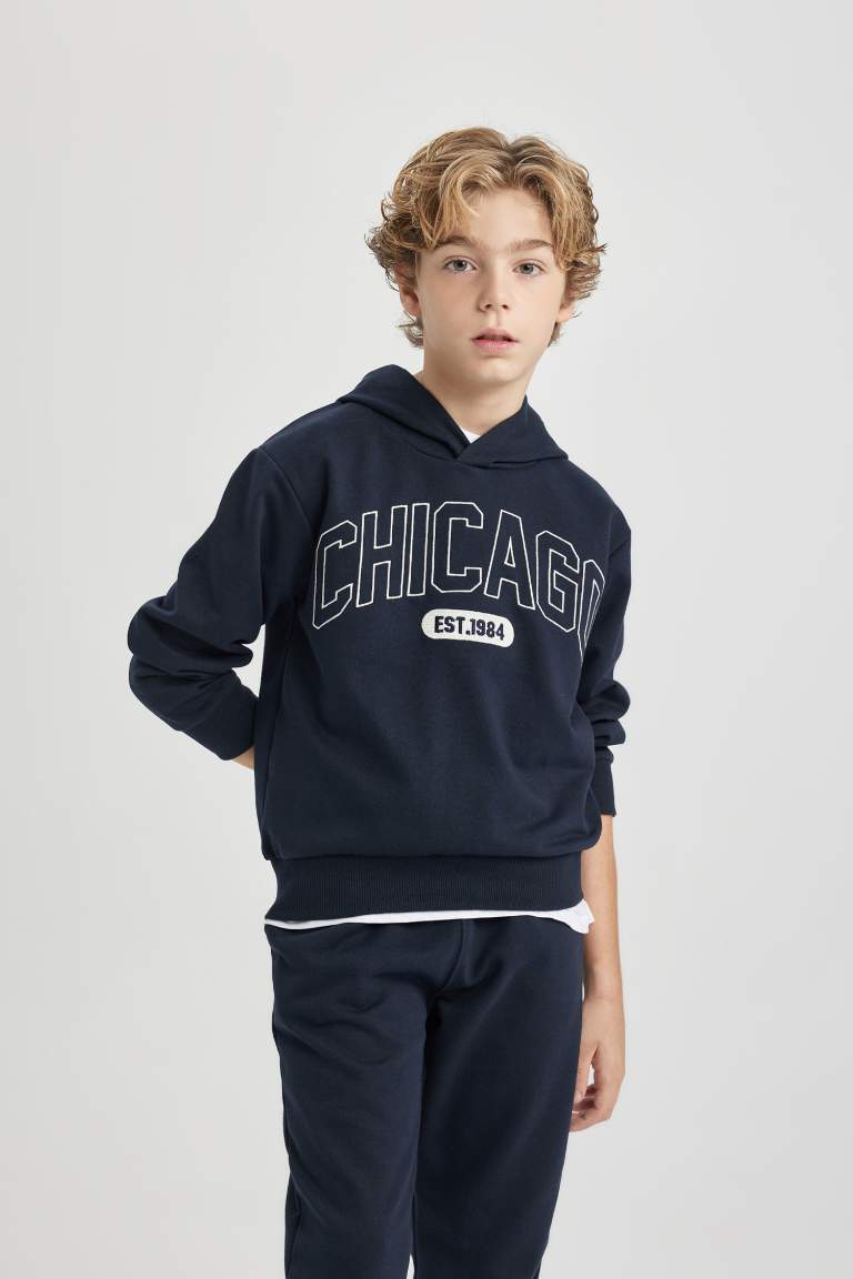 Erkek Çocuk 2'li Takım Kapüşonlu Baskılı Sweatshirt Beli Lastikli Eşofman Altı
