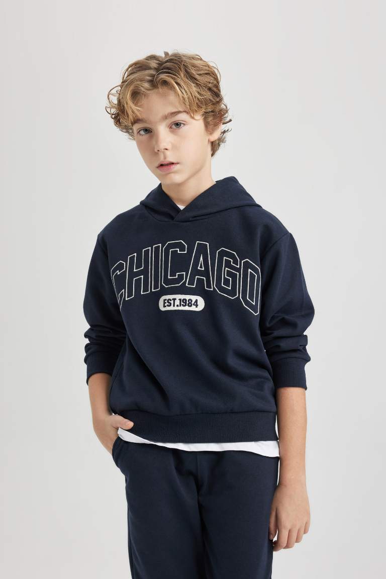 Erkek Çocuk 2'li Takım Kapüşonlu Baskılı Sweatshirt Beli Lastikli Eşofman Altı