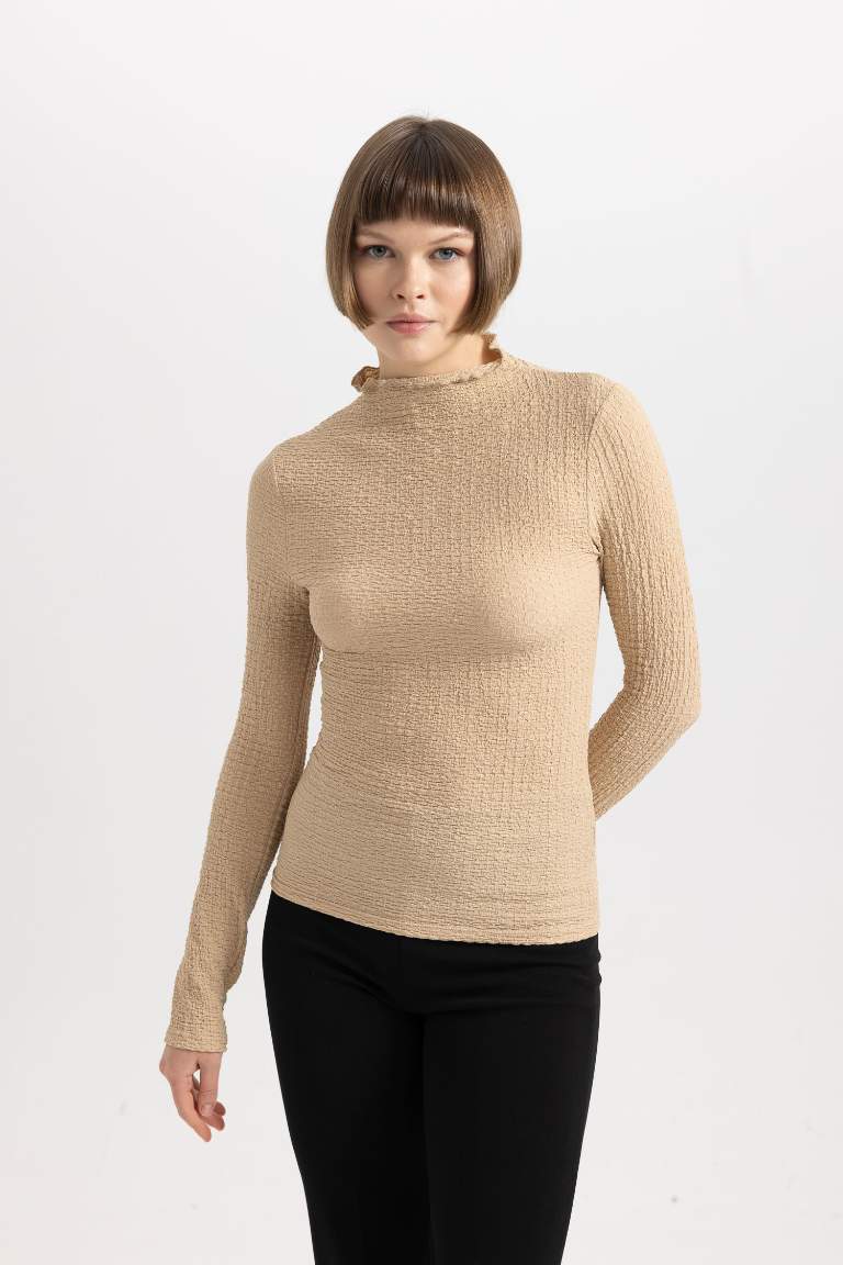 Slim Fit Half Turtleneck Crepe Long Sleeve T-Shirt