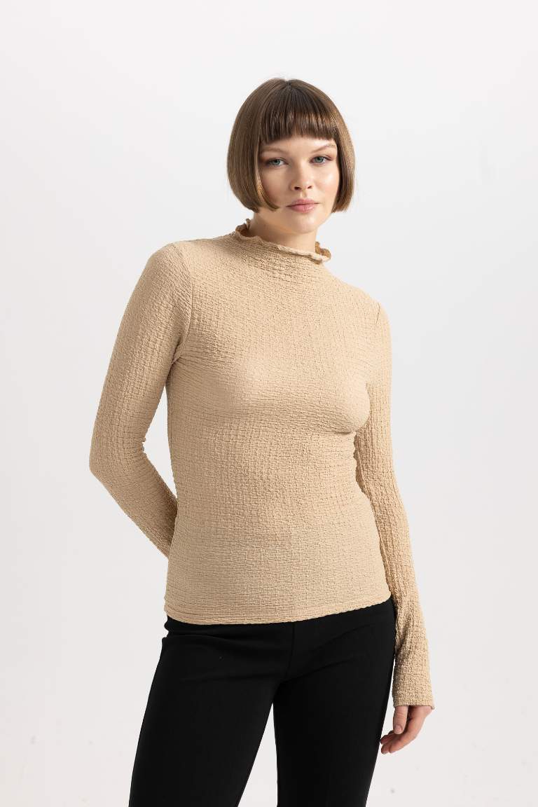 Slim Fit Half Turtleneck Crepe Long Sleeve T-Shirt