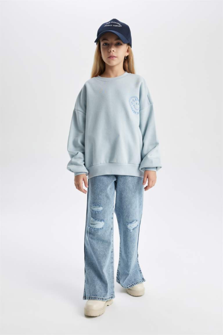 Kız Çocuk Relax Fit Bisiklet Yaka Sweatshirt