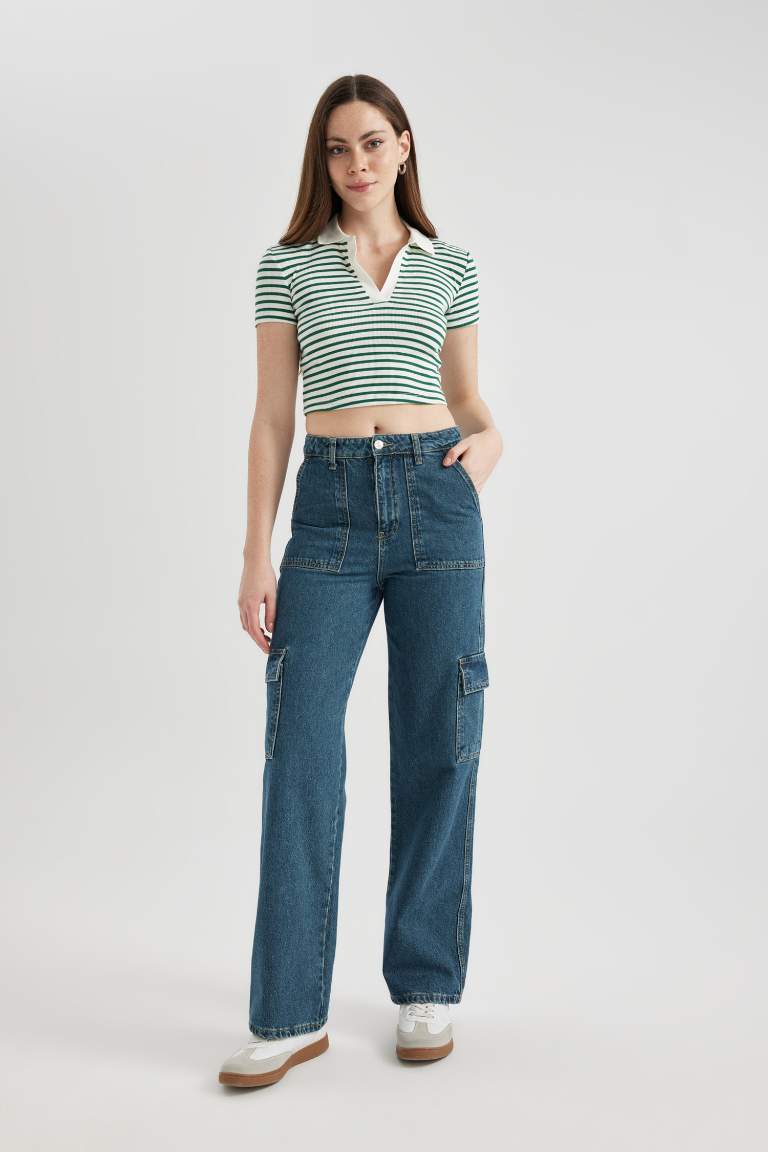 Pantalon Jean Cargo Large à Taille Haute Et Long