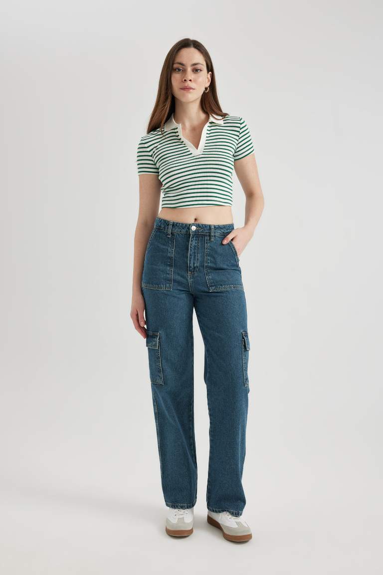 Pantalon Jean Cargo Large à Taille Haute Et Long