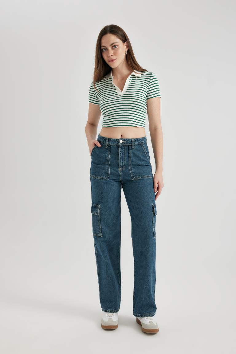 Pantalon Jean Cargo Large à Taille Haute Et Long