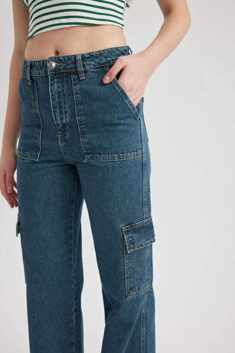 Pantalon Jean Cargo Large à Taille Haute Et Long