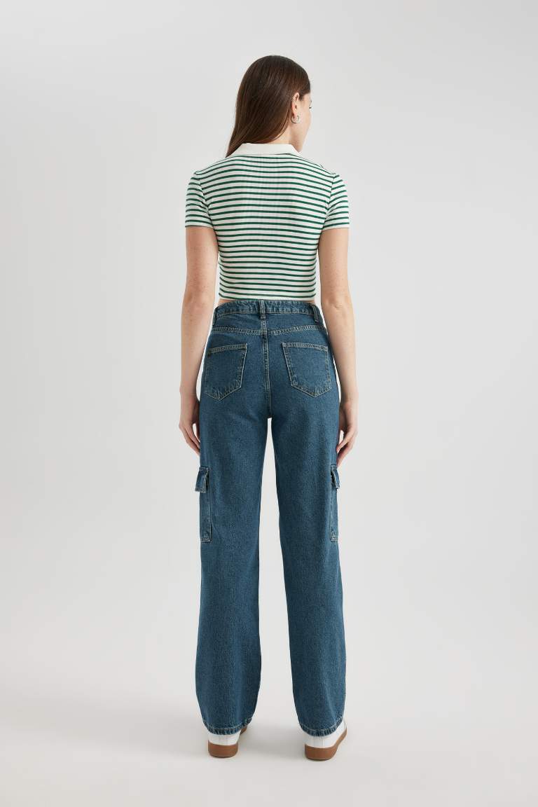 Pantalon Jean Cargo Large à Taille Haute Et Long