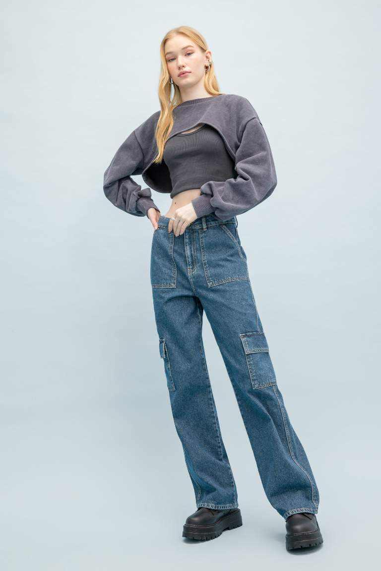 Pantalon Jean Cargo Large à Taille Haute Et Long